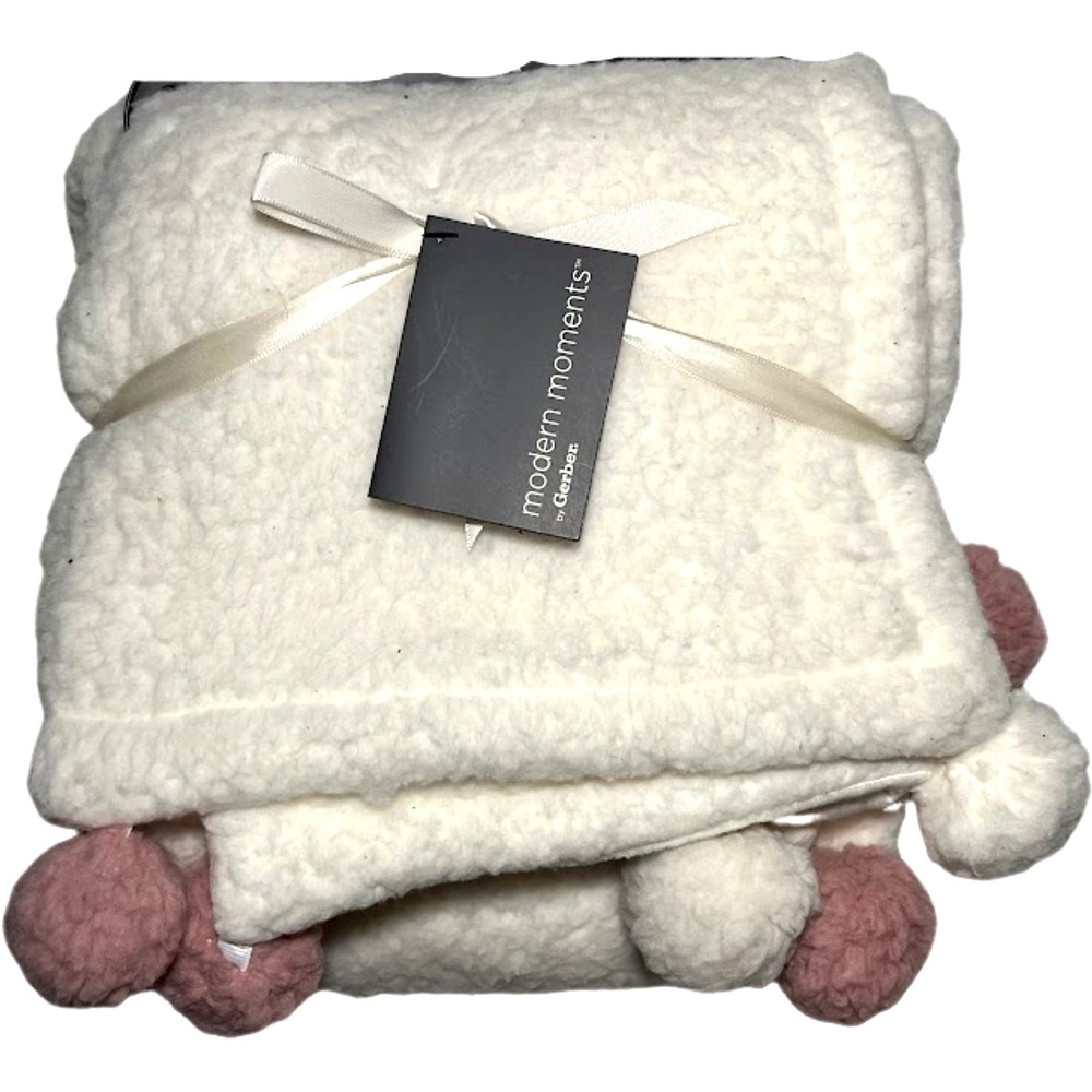 Modern Moment‎ Gerber White Sherpa Pom Pom Corner Baby Girl Blanket Soft Lovey